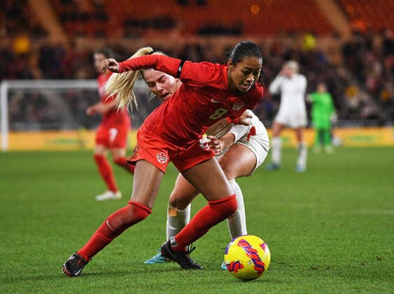Mandatory Credit: Photo by Richard Lee Shutterstock (12809684n) Jayde Riviere of Canada Women fends off Lauren Hemp of England Women England Women v Canada Women, Arnold Clark Cup 2022, Football, Riverside Stadium, Middlesbrough, UK - 17 Feb 2022 EDITORIAL USE ONLY No use with unauthorised audio, video, data, fixture lists, club league logos or live services. Online in-match use limited to 120 images, no video emulation. No use in betting, games or single club league player publications. England Women v Canada Women, Arnold Clark Cup 2022, Football, Riverside Stadium, Middlesbrough, UK - 17 Feb 2022 EDITORIAL USE ONLY No use with unauthorised audio, video, data, fixture lists, club league logos or live services. Online in-match use limited to 120 images, no video emulation. No use in betting, games or single club league player publications. Copyright: xRichardxLee Shutterstockx 12809684n