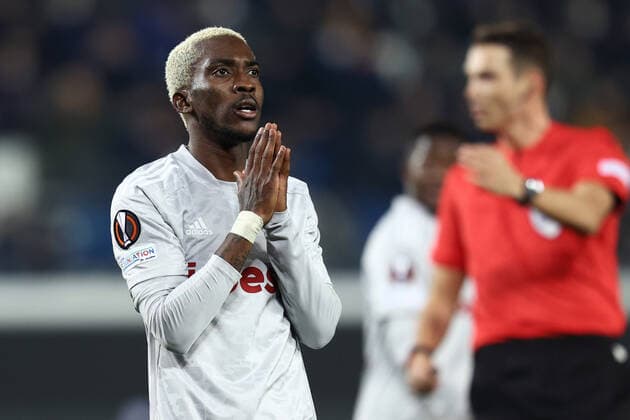 February 17, 2022, Bergamo, Italy: Bergamo, Italy, Gewiss Stadium, February 17, 2022, Henry Onyekuru (Olympiacos FC) reacts during Atalanta BC vs Olympiakos - football Europa League match. football Europa League match - Atalanta BC vs Olympiakos, Bergamo, Italy - ZUMAl164 20220217_zsa_l164_020 Copyright: xFrancescoxScaccianocex