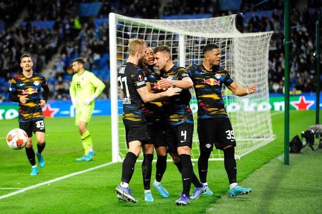 Mandatory Credit: Photo by Pressinphoto Shutterstock (12821404f) Willi Orban of RB Leipzig celebrates with his teammates after scoring the opening goal Real Sociedad v RB Leipzig, UEFA Europa League 2021-2022, Round of 32, secong leg. Football, Reale Arena Stadium, San Sebastian, Spain - 24 Feb 2022 Editorial use only Real Sociedad v RB Leipzig, UEFA Europa League 2021-2022, Round of 32, secong leg. Football, Reale Arena Stadium, San Sebastian, Spain - 24 Feb 2022 Editorial use only Copyright: xPressinphoto Shutterstockx 12821404f