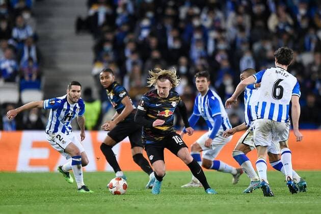 Mandatory Credit: Photo by Pressinphoto Shutterstock (12821404x) Emil Forsberg of RB Leipzig Real Sociedad v RB Leipzig, UEFA Europa League 2021-2022, Round of 32, secong leg. Football, Reale Arena Stadium, San Sebastian, Spain - 24 Feb 2022 Editorial use only Real Sociedad v RB Leipzig, UEFA Europa League 2021-2022, Round of 32, secong leg. Football, Reale Arena Stadium, San Sebastian, Spain - 24 Feb 2022 Editorial use only Copyright: xPressinphoto Shutterstockx 12821404x