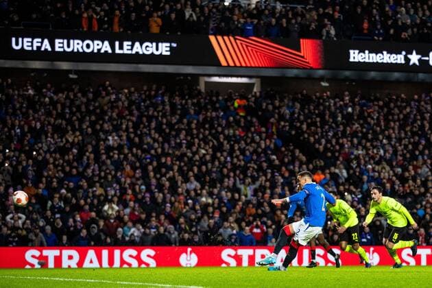Mandatory Credit: Photo by Kirk O Rourke Rangers FC Shutterstock (12821153q) Rangers captain James Tavernier scores from the penalty spot during the last 32 Europa League match at Ibrox Stadium, Glasgow. Rangers v Borussia Dortmund, UEFA Europa League, Play-offs, Second Leg, Football, Ibrox Stadium, Glasgow, UK - 24 Feb 2022 Rangers v Borussia Dortmund, UEFA Europa League, Play-offs, Second Leg, Football, Ibrox Stadium, Glasgow, UK - 24 Feb 2022 Copyright: xKirkxO Rourke RangersxFC Shutterstockx 12821153q