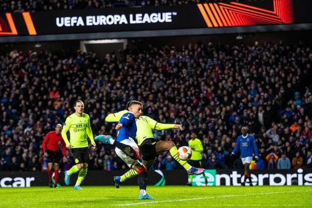 Mandatory Credit: Photo by Kirk O Rourke Rangers FC Shutterstock (12821153ai) Rangers captain James Tavernier scores his second goal during the last 32 Europa League match at Ibrox Stadium, Glasgow. Rangers v Borussia Dortmund, UEFA Europa League, Play-offs, Second Leg, Football, Ibrox Stadium, Glasgow, UK - 24 Feb 2022 Rangers v Borussia Dortmund, UEFA Europa League, Play-offs, Second Leg, Football, Ibrox Stadium, Glasgow, UK - 24 Feb 2022 Copyright: xKirkxO Rourke RangersxFC Shutterstockx 12821153ai