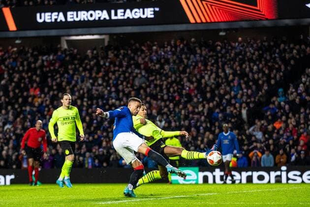 Mandatory Credit: Photo by Kirk O Rourke Rangers FC Shutterstock (12821153aj) Rangers captain James Tavernier scores his second goal during the last 32 Europa League match at Ibrox Stadium, Glasgow. Rangers v Borussia Dortmund, UEFA Europa League, Play-offs, Second Leg, Football, Ibrox Stadium, Glasgow, UK - 24 Feb 2022 Rangers v Borussia Dortmund, UEFA Europa League, Play-offs, Second Leg, Football, Ibrox Stadium, Glasgow, UK - 24 Feb 2022 Copyright: xKirkxO Rourke RangersxFC Shutterstockx 12821153aj