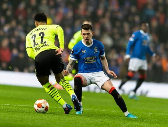 Mandatory Credit: Photo by Luke Nickerson Rangers FC Shutterstock (12821152o) Rangers Midfielder Ryan Jack Rangers v Borussia Dortmund, UEFA Europa League, Play-offs, Second Leg, Football, Ibrox Stadium, Glasgow, UK - 24 Feb 2022 Rangers v Borussia Dortmund, UEFA Europa League, Play-offs, Second Leg, Football, Ibrox Stadium, Glasgow, UK - 24 Feb 2022 Copyright: xLukexNickerson RangersxFC Shutterstockx 12821152o