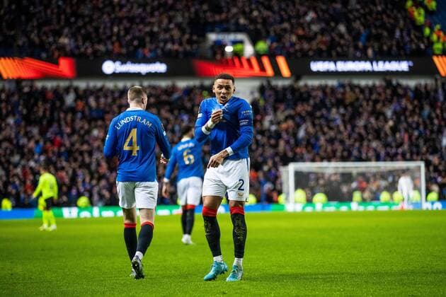 Mandatory Credit: Photo by Kirk O Rourke Rangers FC Shutterstock (12821153ao) Rangers captain James Tavernier celebrates his second goal during the last 32 Europa League match at Ibrox Stadium, Glasgow. Rangers v Borussia Dortmund, UEFA Europa League, Play-offs, Second Leg, Football, Ibrox Stadium, Glasgow, UK - 24 Feb 2022 Rangers v Borussia Dortmund, UEFA Europa League, Play-offs, Second Leg, Football, Ibrox Stadium, Glasgow, UK - 24 Feb 2022 Copyright: xKirkxO Rourke RangersxFC Shutterstockx 12821153ao