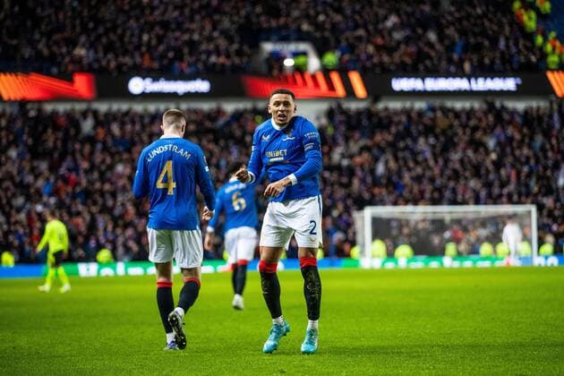 Mandatory Credit: Photo by Kirk O Rourke Rangers FC Shutterstock (12821153aq) Rangers captain James Tavernier celebrates his second goal during the last 32 Europa League match at Ibrox Stadium, Glasgow. Rangers v Borussia Dortmund, UEFA Europa League, Play-offs, Second Leg, Football, Ibrox Stadium, Glasgow, UK - 24 Feb 2022 Rangers v Borussia Dortmund, UEFA Europa League, Play-offs, Second Leg, Football, Ibrox Stadium, Glasgow, UK - 24 Feb 2022 Copyright: xKirkxO Rourke RangersxFC Shutterstockx 12821153aq