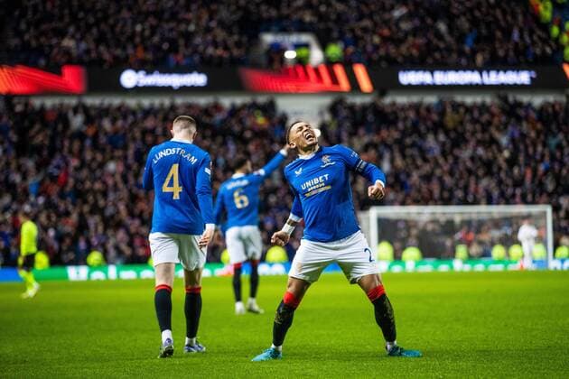 Mandatory Credit: Photo by Kirk O Rourke Rangers FC Shutterstock (12821153au) Rangers captain James Tavernier celebrates his second goal during the last 32 Europa League match at Ibrox Stadium, Glasgow. Rangers v Borussia Dortmund, UEFA Europa League, Play-offs, Second Leg, Football, Ibrox Stadium, Glasgow, UK - 24 Feb 2022 Rangers v Borussia Dortmund, UEFA Europa League, Play-offs, Second Leg, Football, Ibrox Stadium, Glasgow, UK - 24 Feb 2022 Copyright: xKirkxO Rourke RangersxFC Shutterstockx 12821153au