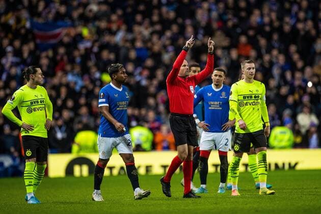 Mandatory Credit: Photo by Kirk O Rourke Rangers FC Shutterstock (12821153cy) Referee Antonio Mateu Lahoz disallows Ryan Kent of Rangers goal during the last 32 Europa League match at Ibrox Stadium, Glasgow. Rangers v Borussia Dortmund, UEFA Europa League, Play-offs, Second Leg, Football, Ibrox Stadium, Glasgow, UK - 24 Feb 2022 Rangers v Borussia Dortmund, UEFA Europa League, Play-offs, Second Leg, Football, Ibrox Stadium, Glasgow, UK - 24 Feb 2022 Copyright: xKirkxO Rourke RangersxFC Shutterstockx 12821153cy