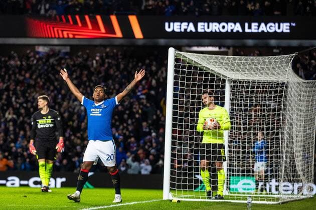 Mandatory Credit: Photo by Kirk O Rourke Rangers FC Shutterstock (12821153cw) Alfredo Morelos of Rangers celebrates after Ryan Kent scored during the last 32 Europa League match at Ibrox Stadium, Glasgow. Rangers v Borussia Dortmund, UEFA Europa League, Play-offs, Second Leg, Football, Ibrox Stadium, Glasgow, UK - 24 Feb 2022 Rangers v Borussia Dortmund, UEFA Europa League, Play-offs, Second Leg, Football, Ibrox Stadium, Glasgow, UK - 24 Feb 2022 Copyright: xKirkxO Rourke RangersxFC Shutterstockx 12821153cw