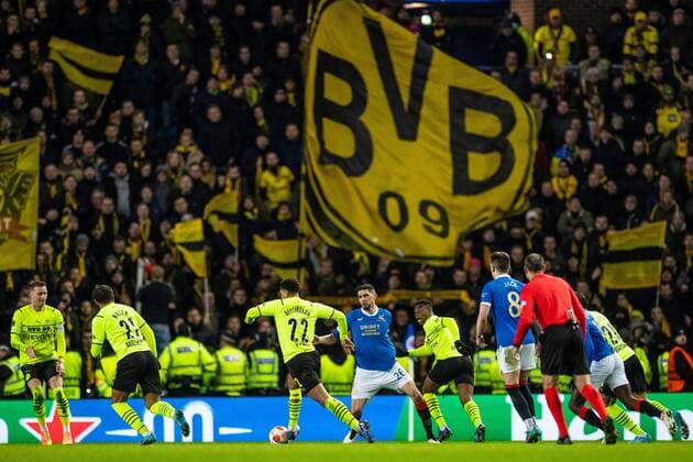 Mandatory Credit: Photo by Kirk O Rourke Rangers FC Shutterstock (12821153da) Leon Balogun of Rangers and Jude Bellingham of Borussia Dortmund during the last 32 Europa League match at Ibrox Stadium, Glasgow. Rangers v Borussia Dortmund, UEFA Europa League, Play-offs, Second Leg, Football, Ibrox Stadium, Glasgow, UK - 24 Feb 2022 Rangers v Borussia Dortmund, UEFA Europa League, Play-offs, Second Leg, Football, Ibrox Stadium, Glasgow, UK - 24 Feb 2022 Copyright: xKirkxO Rourke RangersxFC Shutterstockx 12821153da