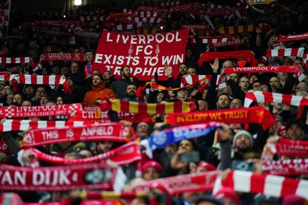 Mandatory Credit: Photo by Javier Garcia Shutterstock (12839080cx) Liverpool fans Liverpool v Inter Milan, UEFA Champions League, Round of 16, Second Leg, Football, Anfield, Liverpool, UK - 08 Mar 2022 EDITORIAL USE ONLY No use with unauthorised audio, video, data, fixture lists, club league logos or live services. Online in-match use limited to 120 images, no video emulation. No use in betting, games or single club league player publications. Liverpool v Inter Milan, UEFA Champions League, Round of 16, Second Leg, Football, Anfield, Liverpool, UK - 08 Mar 2022 EDITORIAL USE ONLY No use with unauthorised audio, video, data, fixture lists, club league logos or live services. Online in-match use limited to 120 images, no video emulation. No use in betting, games or single club league player publications. Copyright: xJavierxGarcia Shutterstockx 12839080cx
