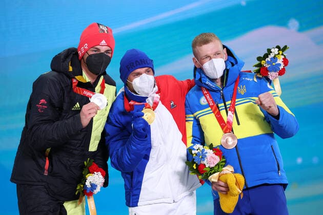Paralympics, BEIJING 2022, Langlauf, Sprint, Siegerehrung mit Marco Maier (L-R) Marco Maier (GER), Benjamin Daviet (FRA), Grygorii Vovchynskyi (UKR), MARCH 9, 2022 - Cross Country Skiing : Men s Sprint Free standing Medal Ceremony during the Beijing 2022 Paralympic Winter games, Winterspiele,Spiele, Summer games at Zhangjiakou Medal Plaza in Zhangjiakou, Hebei, China. (182823035)