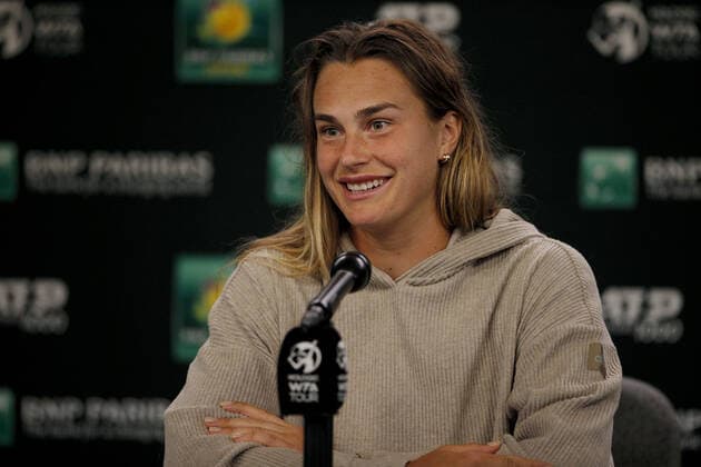 Mandatory Credit: Photo by Ella Ling Shutterstock (12841086fd) Aryna Sabalenka of Belarus smiles during press BNP Paribas Open, Tennis, Day 1, Indian Wells Tennis Garden, California, USA - 09 Mar 2022 BNP Paribas Open, Tennis, Day 1, Indian Wells Tennis Garden, California, USA - 09 Mar 2022 Copyright: xEllaxLing Shutterstockx 12841086fd