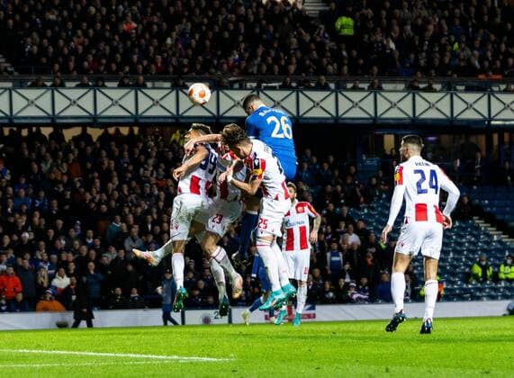 Mandatory Credit: Photo by Luke Nickerson Rangers FC Shutterstock (12843267bp) Rangers Defender Leon Balogun scores his sides third goal Rangers v Red Star Belgrade, Europa League, Round of 16, First Leg, Football, Ibrox Stadium, Glasgow, UK - 10 Mar 2022 EDITORIAL USE ONLY No use with unauthorised audio, video, data, fixture lists, club league logos or live services. Online in-match use limited to 120 images, no video emulation. No use in betting, games or single club league player publications. Rangers v Red Star Belgrade, Europa League, Round of 16, First Leg, Football, Ibrox Stadium, Glasgow, UK - 10 Mar 2022 EDITORIAL USE ONLY No use with unauthorised audio, video, data, fixture lists, club league logos or live services. Online in-match use limited to 120 images, no video emulation. No use in betting, games or single club league player publications. Copyright: xLukexNickerson RangersxFC Shutterstockx 12843267bp