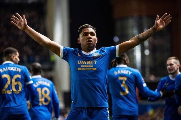 Mandatory Credit: Photo by Kirk O Rourke Rangers FC Shutterstock (12843268eb) Alfredo Morelos of Rangers celebrates his goal during the Europa League match at Ibrox Stadium, Glasgow. Rangers v Red Star Belgrade, Europa League, Round of 16, First Leg, Football, Ibrox Stadium, Glasgow, UK - 10 Mar 2022 EDITORIAL USE ONLY No use with unauthorised audio, video, data, fixture lists, club league logos or live services. Online in-match use limited to 120 images, no video emulation. No use in betting, games or single club league player publications. Rangers v Red Star Belgrade, Europa League, Round of 16, First Leg, Football, Ibrox Stadium, Glasgow, UK - 10 Mar 2022 EDITORIAL USE ONLY No use with unauthorised audio, video, data, fixture lists, club league logos or live services. Online in-match use limited to 120 images, no video emulation. No use in betting, games or single club league player publications. Copyright: xKirkxO Rourke RangersxFC Shutterstockx 12843268eb