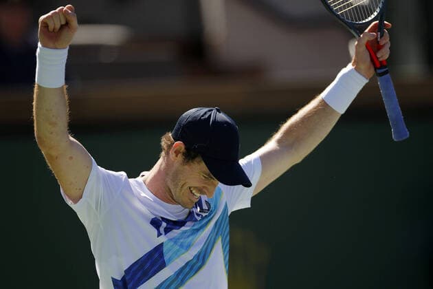Mandatory Credit: Photo by Ella Ling Shutterstock (12844917bu) Andy Murray of GBR celebrates on match point BNP Paribas Open, Tennis, Day 3, Indian Wells Tennis Garden, California, USA - 11 Mar 2022 BNP Paribas Open, Tennis, Day 3, Indian Wells Tennis Garden, California, USA - 11 Mar 2022 Copyright: xEllaxLing Shutterstockx 12844917bu