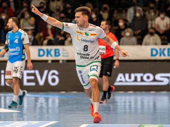 Jubel bei Lucas Krzikalla (SC DHfK Leipzig, 08) nach einem Treffer, Frisch Auf Goeppingen vs. SC DHfK Leipzig, Handball, Maenner, 1. Bundesliga, 12.03.2022 EIBNER Michael Schmidt Frisch Auf Goeppingen vs. SC DHfK Leipzig, Handball, Maenner, 1. Bundesliga, 12.03.2022 Goeppingen Copyright: xEIBNER MichaelxSchmidtx EP_MST