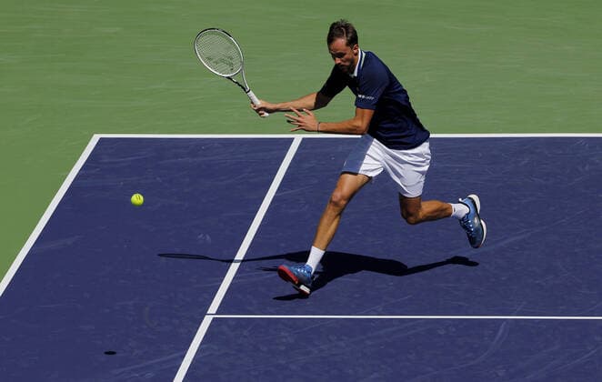 Mandatory Credit: Photo by Ella Ling Shutterstock (12845056c) Daniil Medvedev of Russia in action BNP Paribas Open, Tennis, Day 6, Indian Wells Tennis Garden, California, USA - 14 Mar 2022 BNP Paribas Open, Tennis, Day 6, Indian Wells Tennis Garden, California, USA - 14 Mar 2022 Copyright: xEllaxLing Shutterstockx 12845056c