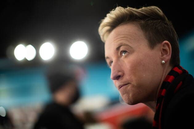 March 16, 2022, VANCOUVER, BC, CANADA: Canada women s national soccer team head coach Bev Priestman pauses while responding to questions after an announcement, in Vancouver, on Wednesday, March 16, 2022. Soccer Canada announced that the women s team will play Nigeria on April 8 in Vancouver and on April 11 in Langford, B.C. Canada News - March 16, 2022 - ZUMAc35_ 20220316_zaf_c35_081 Copyright: xDarrylxDyckx