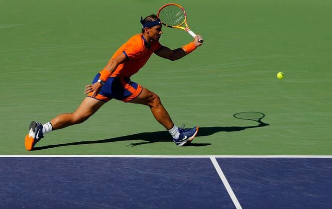 Mandatory Credit: Photo by Ella Ling Shutterstock (12845061am) Rafael Nadal of Spain in action BNP Paribas Open, Tennis, Day 8, Indian Wells Tennis Garden, California, USA - 16 Mar 2022 BNP Paribas Open, Tennis, Day 8, Indian Wells Tennis Garden, California, USA - 16 Mar 2022 Copyright: xEllaxLing Shutterstockx 12845061am
