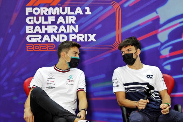RUSSELL George (gbr), Mercedes AMG F1 Team W13, portrait GASLY Pierre (fra), Scuderia AlphaTauri AT03, portrait press conference, PK, Pressekonferenz during the Formula 1 Gulf Air Bahrain Grand Prix 2022, 1st round of the 2022 FIA Formula One World Championship, WM, Weltmeisterschaft on the Bahrain International Circuit, from March 18 to 20, 2022 in Sakhir, Bahrain - F1 - BAHRAIN GRAND PRIX 2022 DPPI Panoramic PressCon2ED_018