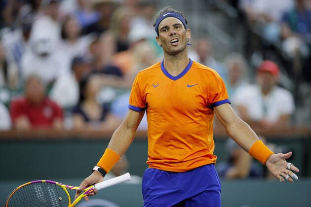 Mandatory Credit: Photo by Ella Ling Shutterstock (12853675az) Rafael Nadal of Spain frustrated BNP Paribas Open, Tennis, Day 11, Indian Wells Tennis Garden, California, USA - 19 Mar 2022 BNP Paribas Open, Tennis, Day 11, Indian Wells Tennis Garden, California, USA - 19 Mar 2022 Copyright: xEllaxLing Shutterstockx 12853675az