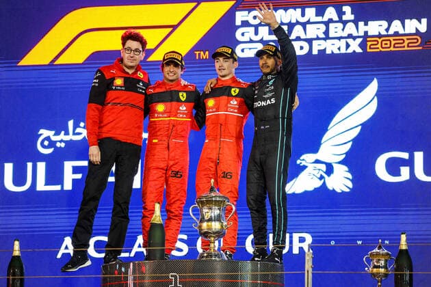 Podium: LECLERC Charles (mco), Scuderia Ferrari F1-75, SAINZ Carlos (spa), Scuderia Ferrari F1-75, HAMILTON Lewis (gbr), Mercedes AMG F1 Team W13, BINOTTO Mattia (ita), Managing Director of the Scuderia Ferrari, portrait during the Formula 1 Gulf Air Bahrain Grand Prix 2022, 1st round of the 2022 FIA Formula One World Championship, WM, Weltmeisterschaft on the Bahrain International Circuit, from March 18 to 20, 2022 in Sakhir, Bahrain - F1 - BAHRAIN GRAND PRIX 2022 - RACE DPPI Panoramic 20220320_GOOD9242