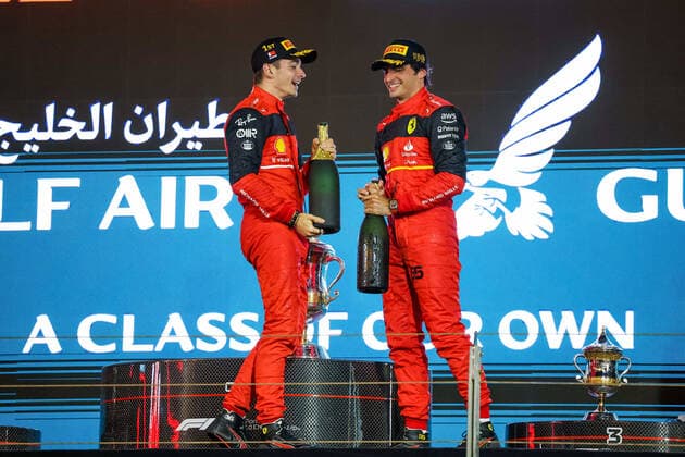 LECLERC Charles (mco), Scuderia Ferrari F1-75, SAINZ Carlos (spa), Scuderia Ferrari F1-75, portrait podium during the Formula 1 Gulf Air Bahrain Grand Prix 2022, 1st round of the 2022 FIA Formula One World Championship, WM, Weltmeisterschaft on the Bahrain International Circuit, from March 18 to 20, 2022 in Sakhir, Bahrain - F1 - BAHRAIN GRAND PRIX 2022 - RACE DPPI Panoramic 20220320_GOOD9224