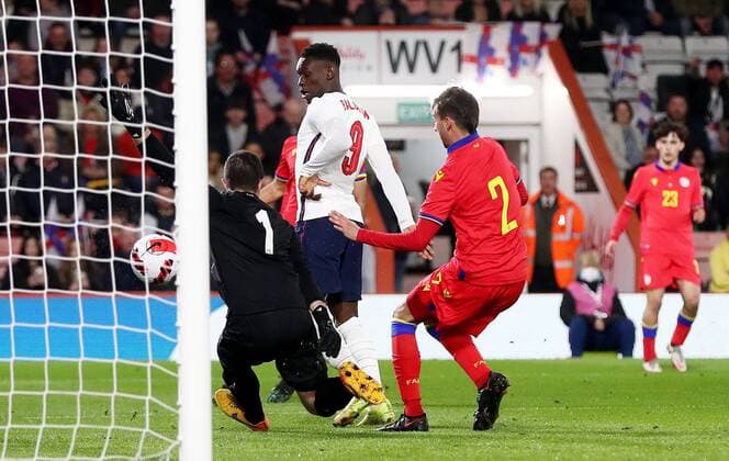 Mandatory Credit: Photo by James Marsh Shutterstock (12865316k) Folarin Balogun of England scores the opening goal. England U21, U 21 v Andorra U21, UEFA U21 European Championship, EM, Europameisterschaft 2023 Qualifying, Group G, Football, Vitality Stadium, Bournemouth, UK - 25 Mar 2022 EDITORIAL USE ONLY No use with unauthorised audio, video, data, fixture lists, club league logos or live services. Online in-match use limited to 120 images, no video emulation. No use in betting, games or single club league player publications. England U21 v Andorra U21, UEFA U21 European Championship 2023 Qualifying, Group G, Football, Vitality Stadium, Bournemouth, UK - 25 Mar 2022 EDITORIAL USE ONLY No use with unauthorised audio, video, data, fixture lists, club league logos or live services. Online in-match use limited to 120 images, no video emulation. No use in betting, games or single club league player publications. Copyright: xJamesxMarsh Shutterstockx 12865316k