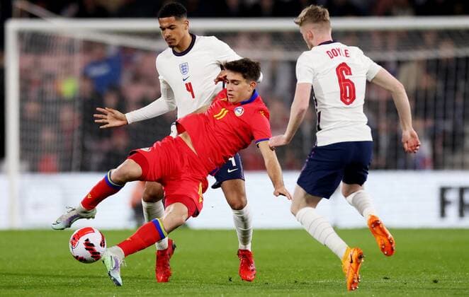 Mandatory Credit: Photo by James Marsh Shutterstock (12865316m) Albert Rosas of Andorra and Levi Colwill of England. England U21, U 21 v Andorra U21, UEFA U21 European Championship, EM, Europameisterschaft 2023 Qualifying, Group G, Football, Vitality Stadium, Bournemouth, UK - 25 Mar 2022 EDITORIAL USE ONLY No use with unauthorised audio, video, data, fixture lists, club league logos or live services. Online in-match use limited to 120 images, no video emulation. No use in betting, games or single club league player publications. England U21 v Andorra U21, UEFA U21 European Championship 2023 Qualifying, Group G, Football, Vitality Stadium, Bournemouth, UK - 25 Mar 2022 EDITORIAL USE ONLY No use with unauthorised audio, video, data, fixture lists, club league logos or live services. Online in-match use limited to 120 images, no video emulation. No use in betting, games or single club league player publications. Copyright: xJamesxMarsh Shutterstockx 12865316m