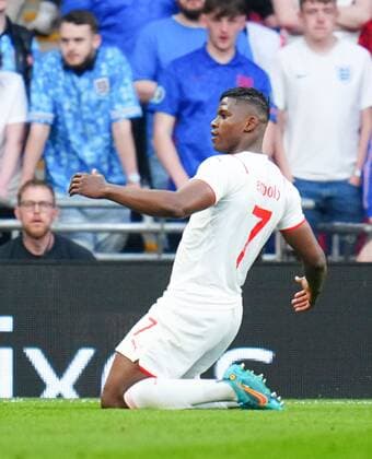 Mandatory Credit: Photo by Javier Garcia Shutterstock (12865321s) Breel Embolo of Switzerland celebrates scoring the opening goal England v Switzerland, International Friendly, Länderspiel, Nationalmannschaft Football, Wembley Stadium, London, UK - 26 Mar 2022 EDITORIAL USE ONLY No use with unauthorised audio, video, data, fixture lists, club league logos or live services. Online in-match use limited to 120 images, no video emulation. No use in betting, games or single club league player publications. England v Switzerland, International Friendly, Football, Wembley Stadium, London, UK - 26 Mar 2022 EDITORIAL USE ONLY No use with unauthorised audio, video, data, fixture lists, club league logos or live services. Online in-match use limited to 120 images, no video emulation. No use in betting, games or single club league player publications. Copyright: xJavierxGarcia Shutterstockx 12865321s
