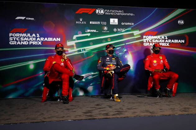 LECLERC Charles (mco), Scuderia Ferrari F1-75, VERSTAPPEN Max (ned), Red Bull Racing RB18, SAINZ Carlos (spa), Scuderia Ferrari F1-75, portrait, post race press conference, PK, Pressekonferenz during the Formula 1 STC Saudi Arabian Grand Prix 2022, 2nd round of the 2022 FIA Formula One World Championship, WM, Weltmeisterschaft on the Jeddah Corniche Circuit, from March 25 to 27, 2022 in Jeddah, Saudi Arabia - F1 - SAUDI ARABIAN GRAND PRIX 2022 - RACE DPPI Panoramic GP2202_192315_31I9866
