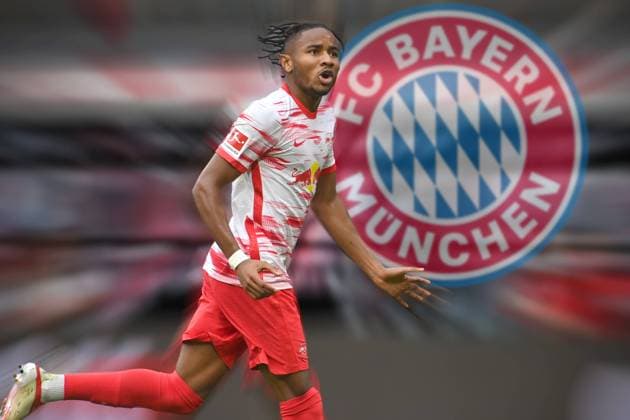 FOTOMONTAGE: FC Bayern Muenchen mit Interesse an Christopher NKUNKU. Archivfoto;Torjubel Christopher NKUNKU (L) nach Tor zum 5-0, Aktion, Jubel,Freude,Begeisterung, Fussball 1. Bundesliga, 6.Spieltag,Spieltag06, RB Leipzig (L) - Hertha BSC Berlin (B) 6-0, am 25.09.2021 in LEIPZIG, R E D B U L L A R E N A, Â