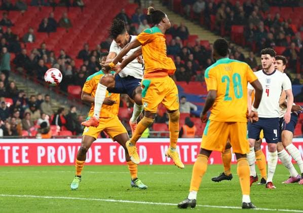 London, England, 29th March 2022. Tyrone Mings of England scores the third goal during the International Friendly, Länderspiel, Nationalmannschaft match at Wembley Stadium, London. Picture credit should read: David Klein Sportimage EDITORIAL USE ONLY. No use with unauthorised audio, video, data, fixture lists, club league logos or live services. Online in-match use limited to 120 images, no video emulation. No use in betting, games or single club league player publications. SPI-1612-0078