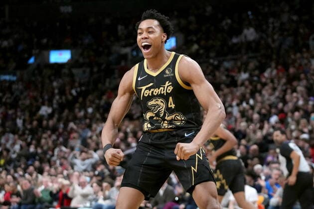 April 3, 2022, TORONTO, ON, CANADA: Toronto Raptors forward Scottie Barnes (4) reacts after teammate Fred VanVleet, not shown, made a basket during first half NBA, Basketball Herren, USA basketball action against the Miami Heat, in Toronto, Sunday, April 3, 2022. Canada News - April 3, 2022 - ZUMAc35_ 20220403_zaf_c35_113 Copyright: xNathanxDenettex
