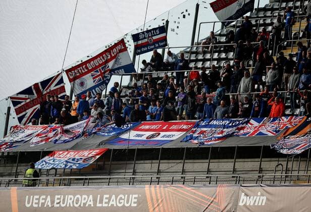 Mandatory Credit: Photo by Michael Zemanek Shutterstock (12885087f) Fans of Rangers with flags Braga v Rangers, UEFA Europa League, Quarter Final, First Leg, Football, Estadio Municipal de Braga, Braga, Portugal - 07 Apr 2022 EDITORIAL USE ONLY No use with unauthorised audio, video, data, fixture lists, club league logos or live services. Online in-match use limited to 120 images, no video emulation. No use in betting, games or single club league player publications. Braga v Rangers, UEFA Europa League, Quarter Final, First Leg, Football, Estadio Municipal de Braga, Braga, Portugal - 07 Apr 2022 EDITORIAL USE ONLY No use with unauthorised audio, video, data, fixture lists, club league logos or live services. Online in-match use limited to 120 images, no video emulation. No use in betting, games or single club league player publications. Copyright: xMichaelxZemanek Shutterstockx 12885087f