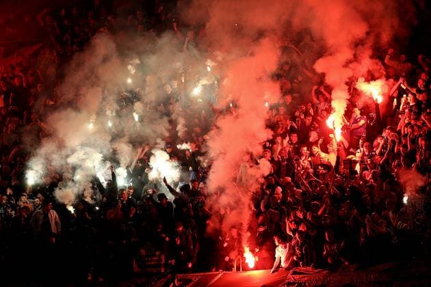 Mandatory Credit: Photo by Michael Zemanek Shutterstock (12885087m) Raners fans let off flares Braga v Rangers, UEFA Europa League, Quarter Final, First Leg, Football, Estadio Municipal de Braga, Braga, Portugal - 07 Apr 2022 EDITORIAL USE ONLY No use with unauthorised audio, video, data, fixture lists, club league logos or live services. Online in-match use limited to 120 images, no video emulation. No use in betting, games or single club league player publications. Braga v Rangers, UEFA Europa League, Quarter Final, First Leg, Football, Estadio Municipal de Braga, Braga, Portugal - 07 Apr 2022 EDITORIAL USE ONLY No use with unauthorised audio, video, data, fixture lists, club league logos or live services. Online in-match use limited to 120 images, no video emulation. No use in betting, games or single club league player publications. Copyright: xMichaelxZemanek Shutterstockx 12885087m