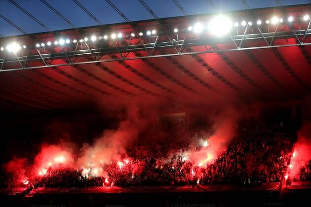 Mandatory Credit: Photo by Michael Zemanek Shutterstock (12885087z) Raners fans let off flares Braga v Rangers, UEFA Europa League, Quarter Final, First Leg, Football, Estadio Municipal de Braga, Braga, Portugal - 07 Apr 2022 EDITORIAL USE ONLY No use with unauthorised audio, video, data, fixture lists, club league logos or live services. Online in-match use limited to 120 images, no video emulation. No use in betting, games or single club league player publications. Braga v Rangers, UEFA Europa League, Quarter Final, First Leg, Football, Estadio Municipal de Braga, Braga, Portugal - 07 Apr 2022 EDITORIAL USE ONLY No use with unauthorised audio, video, data, fixture lists, club league logos or live services. Online in-match use limited to 120 images, no video emulation. No use in betting, games or single club league player publications. Copyright: xMichaelxZemanek Shutterstockx 12885087z