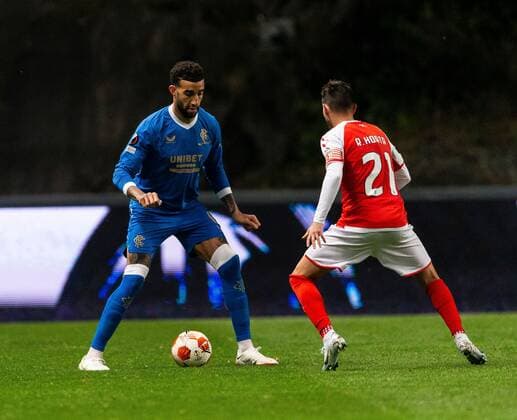Mandatory Credit: Photo by Luke Nickerson Rangers FC Shutterstock (12885361aa) Connor Goldson of Rangers and Braga Midfielder Ricardo Horta during the Europa League quarter final match at the Municipal Stadium, Braga. Braga v Rangers, UEFA Europa League, Quarter Final, First Leg, Football, Estadio Municipal de Braga, Braga, Portugal - 07 Apr 2022 EDITORIAL USE ONLY No use with unauthorised audio, video, data, fixture lists, club league logos or live services. Online in-match use limited to 120 images, no video emulation. No use in betting, games or single club league player publications. Braga v Rangers, UEFA Europa League, Quarter Final, First Leg, Football, Estadio Municipal de Braga, Braga, Portugal - 07 Apr 2022 EDITORIAL USE ONLY No use with unauthorised audio, video, data, fixture lists, club league logos or live services. Online in-match use limited to 120 images, no video emulation. No use in betting, games or single club league player publications. Copyright: xLukexNickerson RangersxFC Shutterstockx 12885361aa