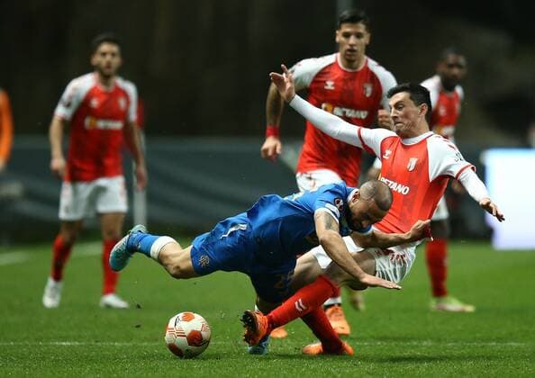 Mandatory Credit: Photo by Michael Zemanek Shutterstock (12885087ag) Kemar Roofe of Rangers is fouled by Andre Castro of Benfica Braga v Rangers, UEFA Europa League, Quarter Final, First Leg, Football, Estadio Municipal de Braga, Braga, Portugal - 07 Apr 2022 EDITORIAL USE ONLY No use with unauthorised audio, video, data, fixture lists, club league logos or live services. Online in-match use limited to 120 images, no video emulation. No use in betting, games or single club league player publications. Braga v Rangers, UEFA Europa League, Quarter Final, First Leg, Football, Estadio Municipal de Braga, Braga, Portugal - 07 Apr 2022 EDITORIAL USE ONLY No use with unauthorised audio, video, data, fixture lists, club league logos or live services. Online in-match use limited to 120 images, no video emulation. No use in betting, games or single club league player publications. Copyright: xMichaelxZemanek Shutterstockx 12885087ag
