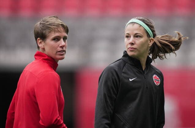 April 7, 2022, VANCOUVER, BC, CANADA: Canada s women s national soccer team midfielder Sophie Schmidt, left, and goalkeeper Stephanie Labbe leave the field after team practice ahead of two friendly matches against Nigeria, in Vancouver, on Thursday, April 7, 2022. Canada News - April 7, 2022 - ZUMAc35_ 20220407_zaf_c35_138 Copyright: xDarrylxDyckx