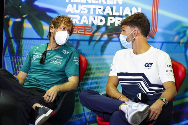 VETTEL Sebastian (ger), Aston Martin F1 Team AMR22, GASLY Pierre (fra), Scuderia AlphaTauri AT03, portrait, press conference, PK, Pressekonferenz during the Formula 1 Heineken Australian Grand Prix 2022, 3rd round of the 2022 FIA Formula One World Championship, WM, Weltmeisterschaft on the Albert Park Circuit, from April 8 to 10, 2022 in Melbourne, Australia - F1 - AUSTRALIAN GRAND PRIX 2022 DPPI Panoramic 00122008_GOOD4448.JPG_