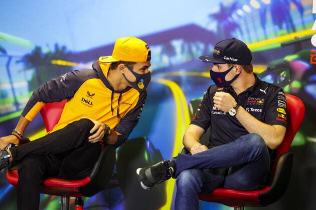 NORRIS Lando (gbr), McLaren F1 Team MCL36, VERSTAPPEN Max (ned), Red Bull Racing RB18, portrait, press conference, PK, Pressekonferenz during the Formula 1 Heineken Australian Grand Prix 2022, 3rd round of the 2022 FIA Formula One World Championship, WM, Weltmeisterschaft on the Albert Park Circuit, from April 8 to 10, 2022 in Melbourne, Australia - F1 - AUSTRALIAN GRAND PRIX 2022 DPPI Panoramic 00122008_GOOD4501.JPG_