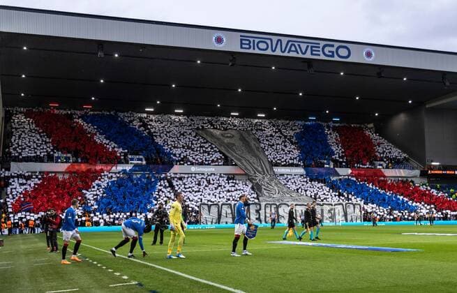 Mandatory Credit: Photo by Luke Nickerson Rangers FC Shutterstock (12894538al) Rangers fan display as the players walkout Rangers v Braga, UEFA Europa League, Quarter Final, Second Leg, Football, Ibrox Stadium, Glasgow, UK - 14 Apr 2022 Rangers v Braga, UEFA Europa League, Quarter Final, Second Leg, Football, Ibrox Stadium, Glasgow, UK - 14 Apr 2022 Copyright: xLukexNickerson RangersxFC Shutterstockx 12894538al