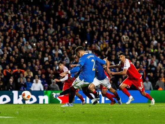 Mandatory Credit: Photo by Luke Nickerson Rangers FC Shutterstock (12894538at) Rangers Defender James Tavernier scores his sides second goal Rangers v Braga, UEFA Europa League, Quarter Final, Second Leg, Football, Ibrox Stadium, Glasgow, UK - 14 Apr 2022 Rangers v Braga, UEFA Europa League, Quarter Final, Second Leg, Football, Ibrox Stadium, Glasgow, UK - 14 Apr 2022 Copyright: xLukexNickerson RangersxFC Shutterstockx 12894538at