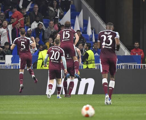 Mandatory Credit: Photo by James Griffiths West Ham United Shutterstock (12892868ch) Declan Rice of West Ham United celebrates after scoring Olympique Lyonnais v West Ham United, UEFA Europa League, Quarter Final, Second Leg, Lyon, France - 14 Apr 2022 EDITORIAL USE ONLY No use with unauthorised audio, video, data, fixture lists, club league logos or live services. Online in-match use limited to 120 images, no video emulation. No use in betting, games or single club league player publications. Olympique Lyonnais v West Ham United, UEFA Europa League, Quarter Final, Second Leg, Lyon, France - 14 Apr 2022 EDITORIAL USE ONLY No use with unauthorised audio, video, data, fixture lists, club league logos or live services. Online in-match use limited to 120 images, no video emulation. No use in betting, games or single club league player publications. Copyright: xJamesxGriffiths WestxHamxUnited Shutterstockx 12892868ch