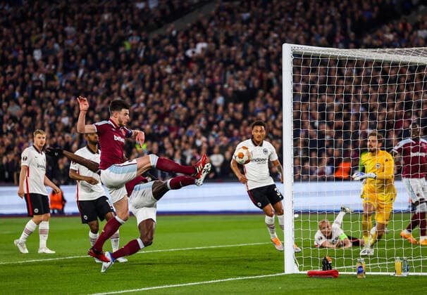 Mandatory Credit: Photo by Simon Dael Shutterstock (12914205as) Michail Antonio of West Ham United scores the equalising goal 1-1 with Declan Rice close by West Ham United v Eintracht Frankfurt, UEFA Europa League, Semi-Final, First Leg, Football, The London Stadium, London, UK - 28 Apr 2022 EDITORIAL USE ONLY No use with unauthorised audio, video, data, fixture lists, club league logos or live services. Online in-match use limited to 120 images, no video emulation. No use in betting, games or single club league player publications. West Ham United v Eintracht Frankfurt, UEFA Europa League, Semi-Final, First Leg, Football, The London Stadium, London, UK - 28 Apr 2022 EDITORIAL USE ONLY No use with unauthorised audio, video, data, fixture lists, club league logos or live services. Online in-match use limited to 120 images, no video emulation. No use in betting, games or single club league player publications. Copyright: xSimonxDael Shutterstockx 12914205as