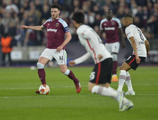 Mandatory Credit: Photo by James Griffiths West Ham United Shutterstock (12914199bg) Declan Rice of West Ham United in action West Ham United v Eintracht Frankfurt, UEFA Europa League, Semi-Final, First Leg, Football, The London Stadium, London, UK - 28 Apr 2022 EDITORIAL USE ONLY No use with unauthorised audio, video, data, fixture lists, club league logos or live services. Online in-match use limited to 120 images, no video emulation. No use in betting, games or single club league player publications. West Ham United v Eintracht Frankfurt, UEFA Europa League, Semi-Final, First Leg, Football, The London Stadium, London, UK - 28 Apr 2022 EDITORIAL USE ONLY No use with unauthorised audio, video, data, fixture lists, club league logos or live services. Online in-match use limited to 120 images, no video emulation. No use in betting, games or single club league player publications. Copyright: xJamesxGriffiths WestxHamxUnited Shutterstockx 12914199bg