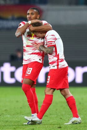 28.04.2022, xtgx, Fussball UEFA European League, RB Leipzig - Glasgow Rangers FC emspor, v.l. Christopher Nkunku (Leipzig, 18), Angelino (Leipzig, 3) Jubel, Torjubel, jubelt ueber das Tor, celebrate the goal, celebration (DFL DFB REGULATIONS PROHIBIT ANY USE OF PHOTOGRAPHS as IMAGE SEQUENCES and or QUASI-VIDEO) Leipzig