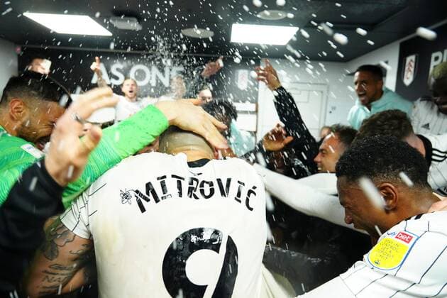 Mandatory Credit: Photo by Javier Garcia Shutterstock (12917135ay) The Champagne flows in the Fulham changing room Fulham v Luton Town, EFL Sky Bet Championship, Football, Craven Cottage, London, UK - 02 May 2022 EDITORIAL USE ONLY No use with unauthorised audio, video, data, fixture lists, club league logos or live services. Online in-match use limited to 120 images, no video emulation. No use in betting, games or single club league player publications. Fulham v Luton Town, EFL Sky Bet Championship, Football, Craven Cottage, London, UK - 02 May 2022 EDITORIAL USE ONLY No use with unauthorised audio, video, data, fixture lists, club league logos or live services. Online in-match use limited to 120 images, no video emulation. No use in betting, games or single club league player publications. Copyright: xJavierxGarcia Shutterstockx 12917135ay
